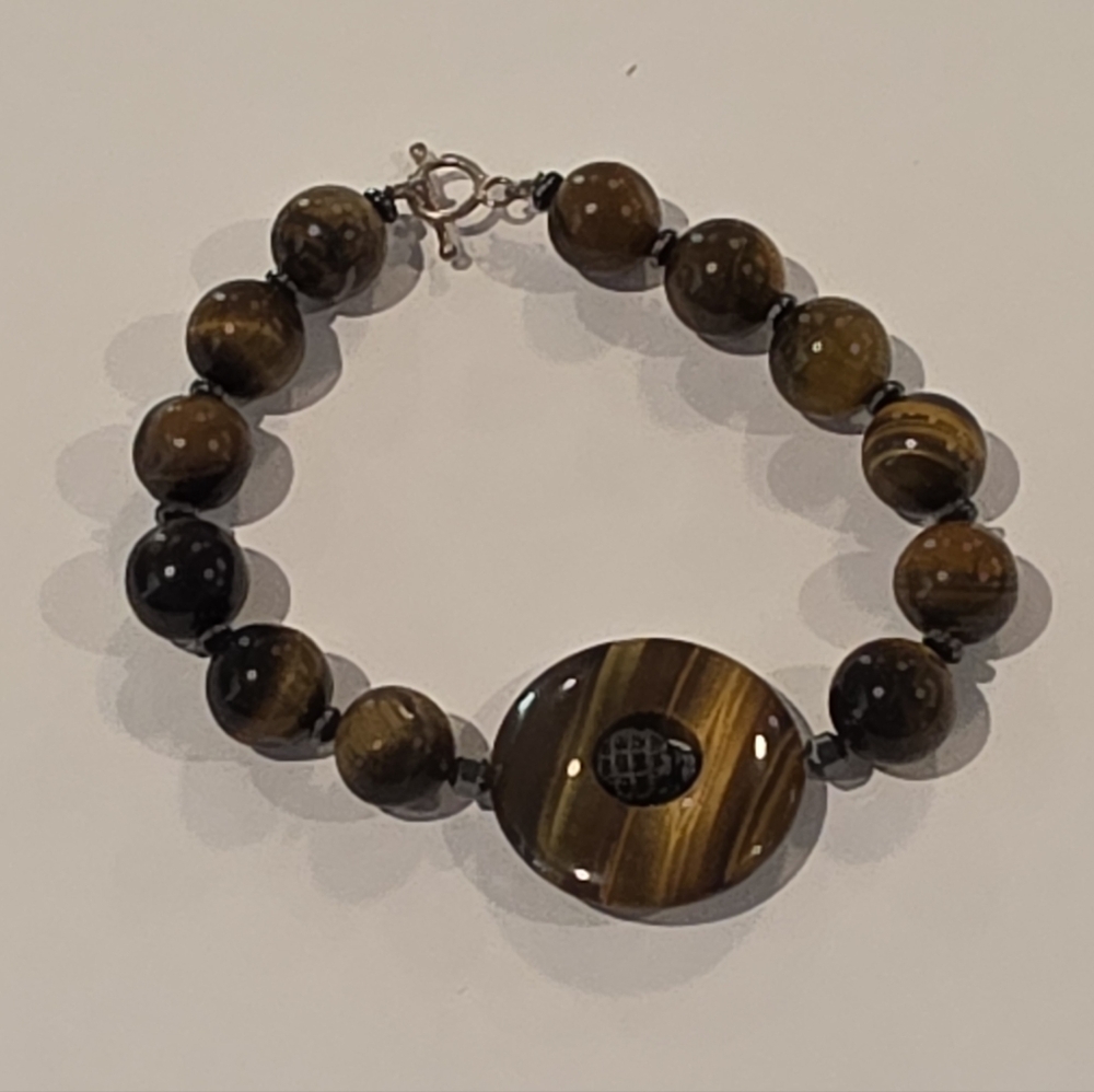 Tiger Eye Stone Beaded Bracelet with Round Centerpiece Statement Jewelry